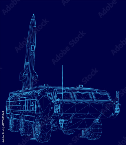 A military vehicle blueprint features a missile launcher on a truck chassis, presented as a technical wireframe illustration against a dark blue background.