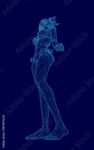 A wireframe model of a woman in a bikini stands in a neutral pose, showcasing digital art and 3D modeling concepts.