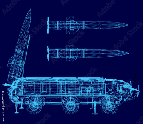 A detailed 3D wireframe model of a military missile on a blue background reveals the internal components and launch vehicle structure.