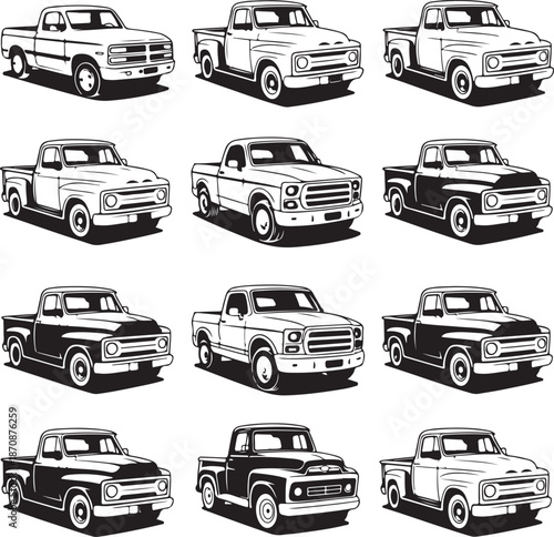 Collection of various pickup trucks in black and white illustrations