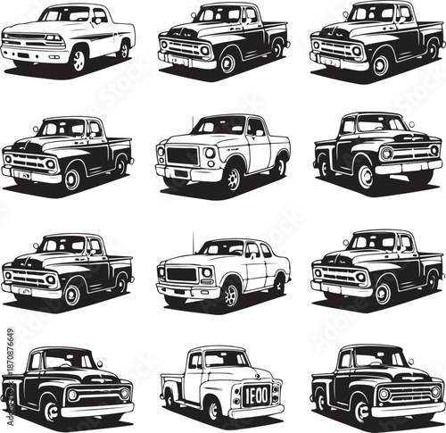 black and white illustrations of various pickup trucks