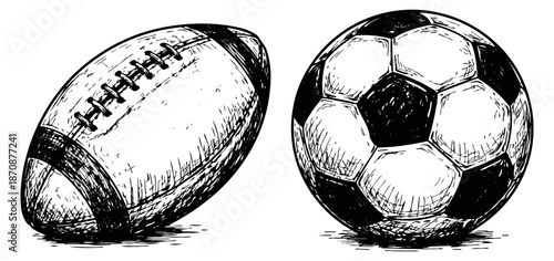 Hand drawn line art sports balls set featuring an american football and a soccer ball for athletic events