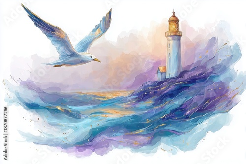 Artistic seagull flying over ocean with lighthouse and flowing watercolor waves on white background creating dreamy coastal atmosphere