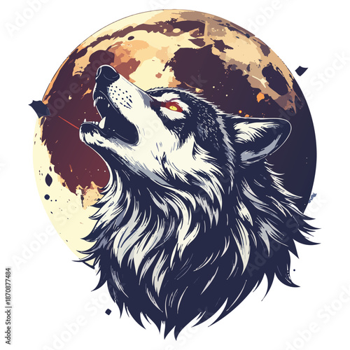 Vector illustration of a wild wolf head silhouette against a blue moonlit night background featuring tribal art ornament design and nature symbols