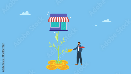 Businessman pouring water to grow plant with big store shop flower. Grow your shop and earn more profit, expand store front or grow small business, marketing to promote shop increase revenue.