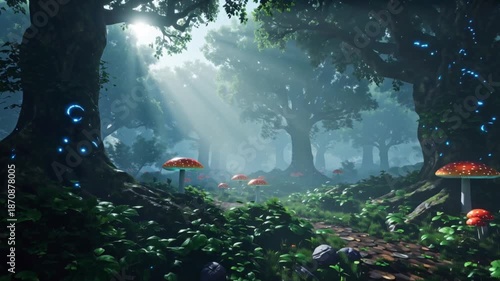 Cinematic fantasy forest landscape ancient magic trees glowing inside bioluminescent veins, oversized luminous mushrooms pulsing, floating magical spores, volumetric fog, twilight color palette, god