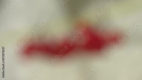 A blurred abstract background, red spots swaying against a light backdrop.