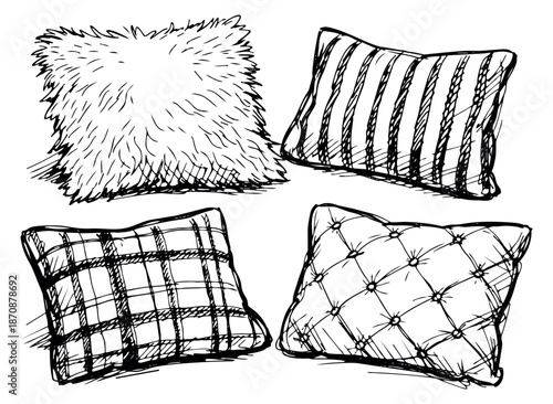 Line art cushion set featuring shaggy, striped, plaid, and tufted designs for home interior