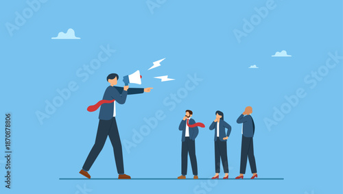 Giant businessman manager using megaphone to order employee. Dominant leader, bossy manager using authority power to order and control employee to work, contrast and conflict management.