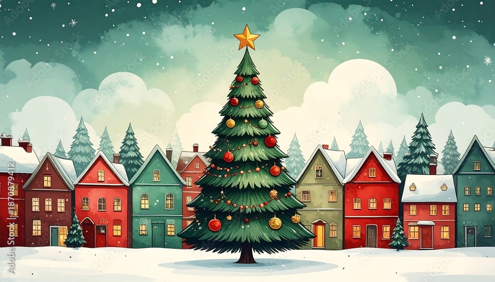 Naklejka premium Festive Christmas Village Scene with Decorated Tree and Snow.