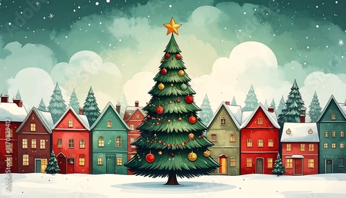 Festive Christmas Village Scene with Decorated Tree and Snow.