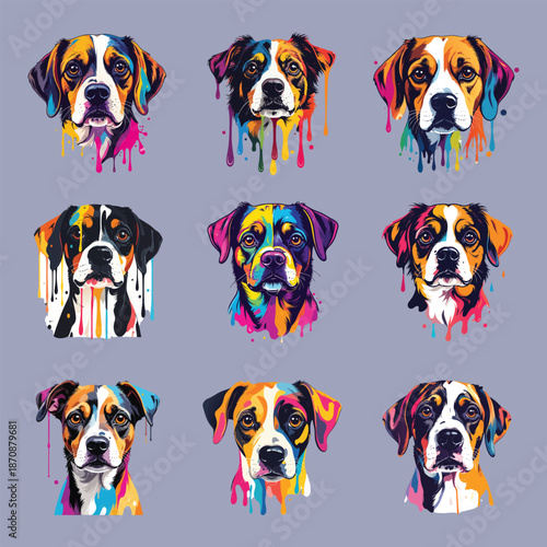 Group of cute beagle dogs with different breeds posing together in a studio setting isolated on a white background