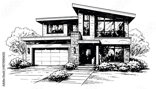 Hand drawn line art illustration of a modern house depicting contemporary architecture for real estate and home design