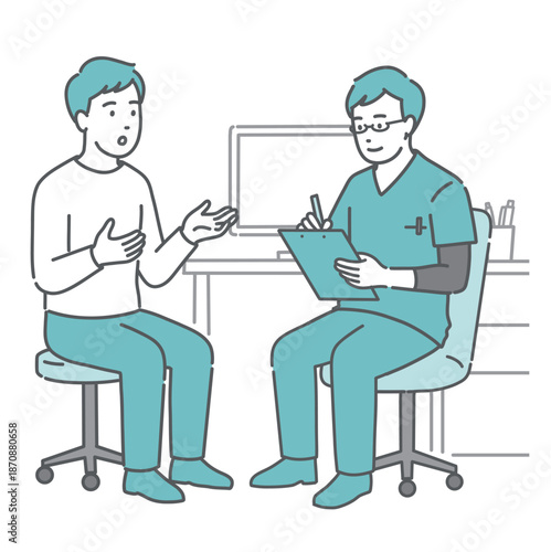 問診をする男性医師と男性患者（スクラブ・医療従事者）