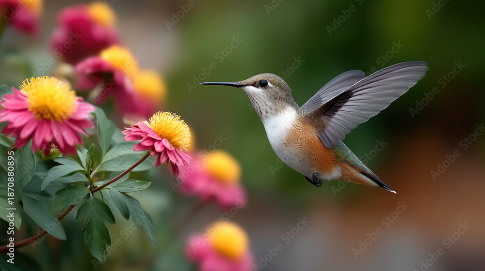Fototapeta premium Side view of hummingbird hovering near vibrant pink and yellow flowers, green foliage background, nature, peaceful mood