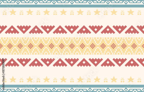 Seamless Christmas pixel pattern vector in retro 8-bit style, featuring festive holiday motifs. Perfect for Christmas wrapping paper, sweaters, greeting cards, backgrounds, and textile design.	