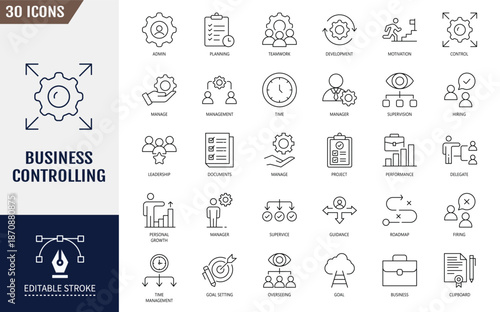 Business controlling icon set. Management, structure, auditing, monitoring and more. Editable stroke. Vector illustration