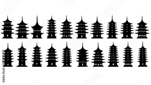 Collection of traditional Asian pagoda silhouettes against a white background viewed from the front