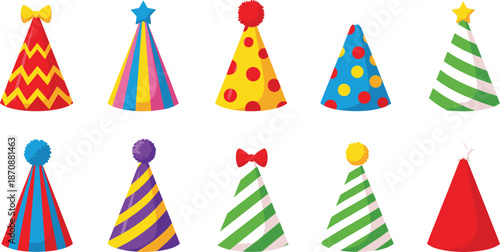 Large collection of ten colorful party hats with toppers like stars bows and pom poms for birthday celebrations.
