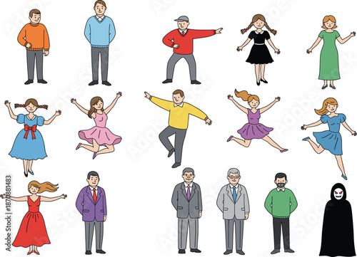 People performing different poses and actions illustration set showing movement emotions dance and daily behavior