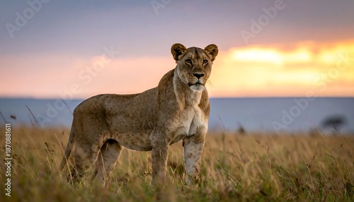 Lioness in the African Savannah at Sunset - A Majestic Predator.