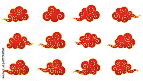 Collection of red clouds with swirling patterns and golden accents on a white background