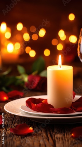 A lit candle on a white plate amid rose petals on a wooden table, warm bokeh lights glow softly. Gentle glow!