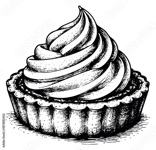 Hand drawn line art illustration of a dessert tart depicting a sweet pastry for bakery or menu design