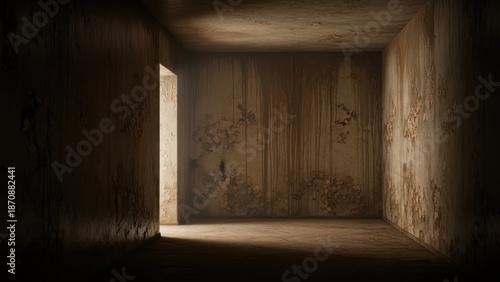 Dark and mysterious empty room with light entering through a doorway.