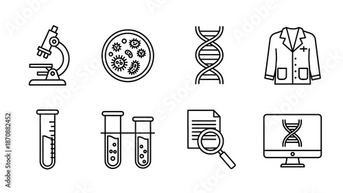 Scientific research icons collection in a laboratory setting displayed on a computer screen