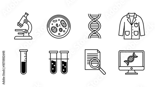 Scientific Research Icons Representing Laboratory Equipment and Processes in Black and White Illustration
