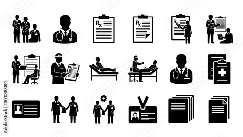 Medical professionals and patients interacting with documents and records in a healthcare setting viewed from a straightforward perspective