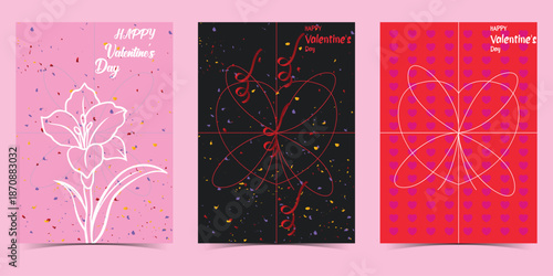 Colorful confetti Valentine's Day pink white flower bouquet and hearts card set