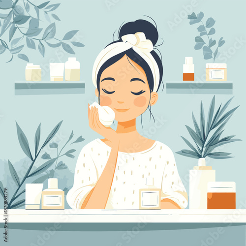 Skincare routine. Happy cute young woman  applying face cream. Self care concept. Hand drawn vector flat cartoon style illustration , vector style simple color