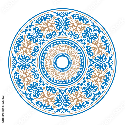 Decorative porcelain plate in oriental style. Round golden blue frame with oriental pattern. Muslim, Arabic, Indian, ottoman, persian motive. Mediterranean ceramic, embroidery, plate, embroidery.