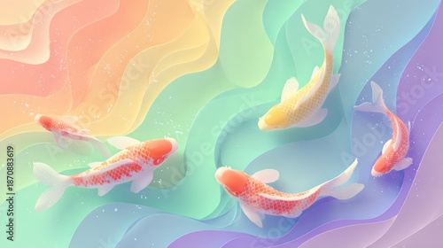 Colorful Koi Fish Swimming in Vibrant Water.