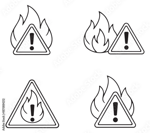 Line art warning sign set featuring fire and exclamation mark symbols for safety and hazard warnings