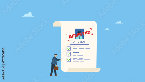 Sad businessman stand with his rejected resume application document. Job application rejected, disqualified or resume declined, HR human resource or hiring manager refuse, interview failure.