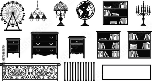 Ferris Wheel Globe Candelabra and Lamp Silhouette Set, Antique Furniture Vector Icons, Dresser Nightstand and Bookshelf Stencils for Interior Design
