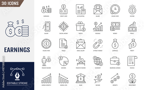 Earnings icon set. Income, earning, money, invoice, pay, bonus and more. Editable stroke. Vector illustration