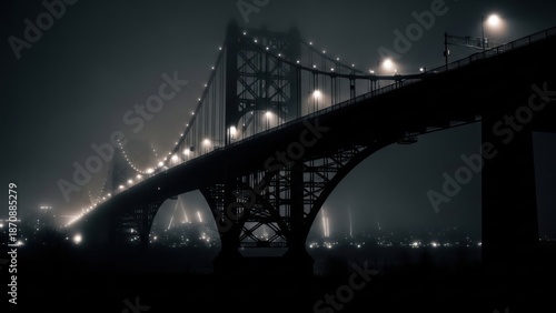 Dramatic Night View of a Large Suspension Bridge Illuminated by Bright Lights.