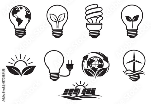 Line art eco energy icons set featuring light bulbs, solar panels and environmental concepts for sustainability