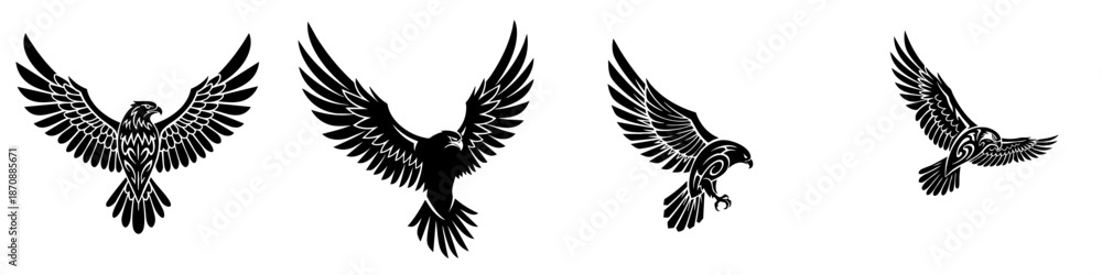 Fototapeta premium Detailed Lineart Eagle Flying Silhouette Various Pose Wildlife Illustration