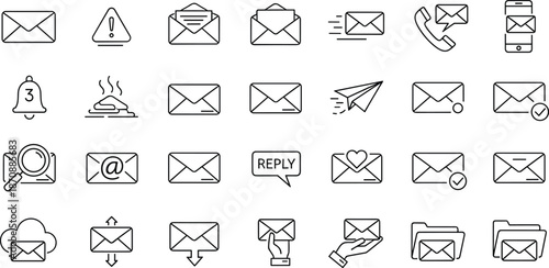 Email icons, messaging symbols, inbox communication set for digital mail and notification design