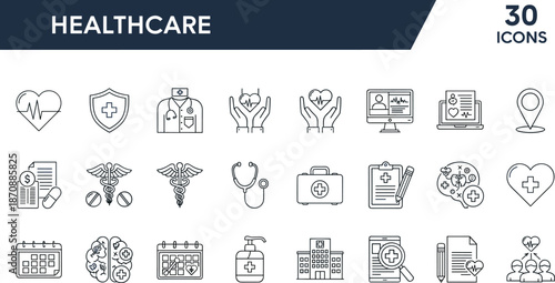 Medical icons, healthcare symbols, hospital set for digital health, patient care and diagnosis