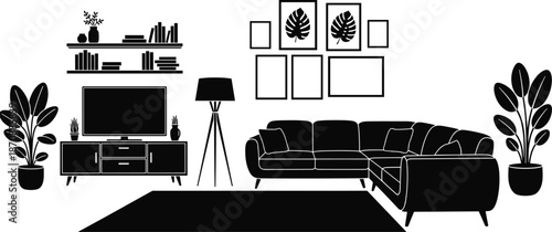 Modern living room interior silhouette including sectional sofa television stand floor lamp potted plants and gallery wall for home design vector