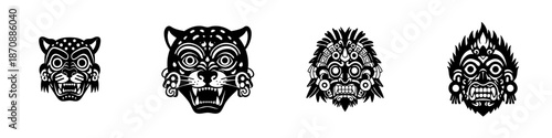 Intricate Line Art Tribal Mask Set Isolated Illustration on White Background