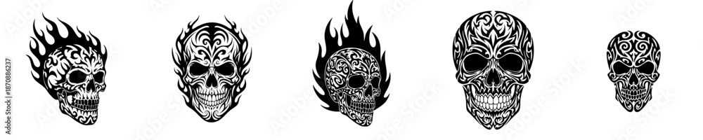Fototapeta premium Elaborate Ornamental Skull Illustration Assortment with Flame Detail and Gothic Undertones