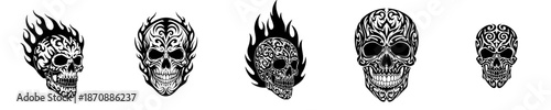 Elaborate Ornamental Skull Illustration Assortment with Flame Detail and Gothic Undertones