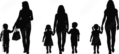 Mother and children silhouettes walking together holding hands family care parenting love lifestyle isolated black vector illustration design concept